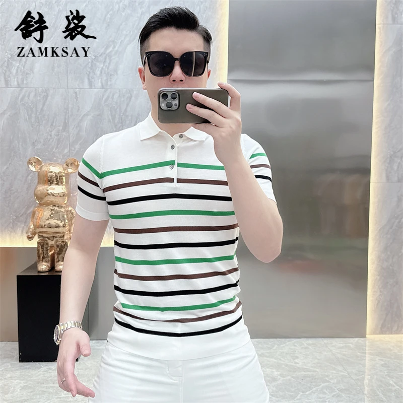 高端夏季新款条纹修身帅气青年百搭翻领冰丝短袖T恤男针织polo衫