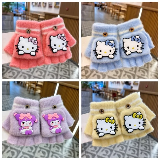 儿童保暖手套卡通可爱防寒女孩子蜘蛛侠半指翻盖发光小猫咪学生款