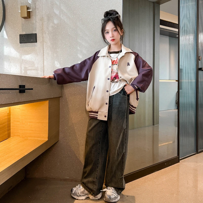 C2643女童春秋款皮衣外套中大童新款撞色洋气皮衣春季款时尚外套