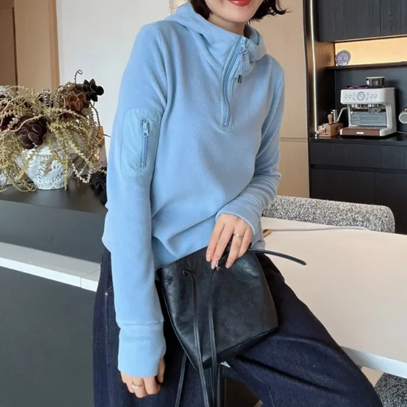 设计感半拉链连帽长袖卫衣秋冬新款胖MM大码女装显瘦遮肉内搭上衣