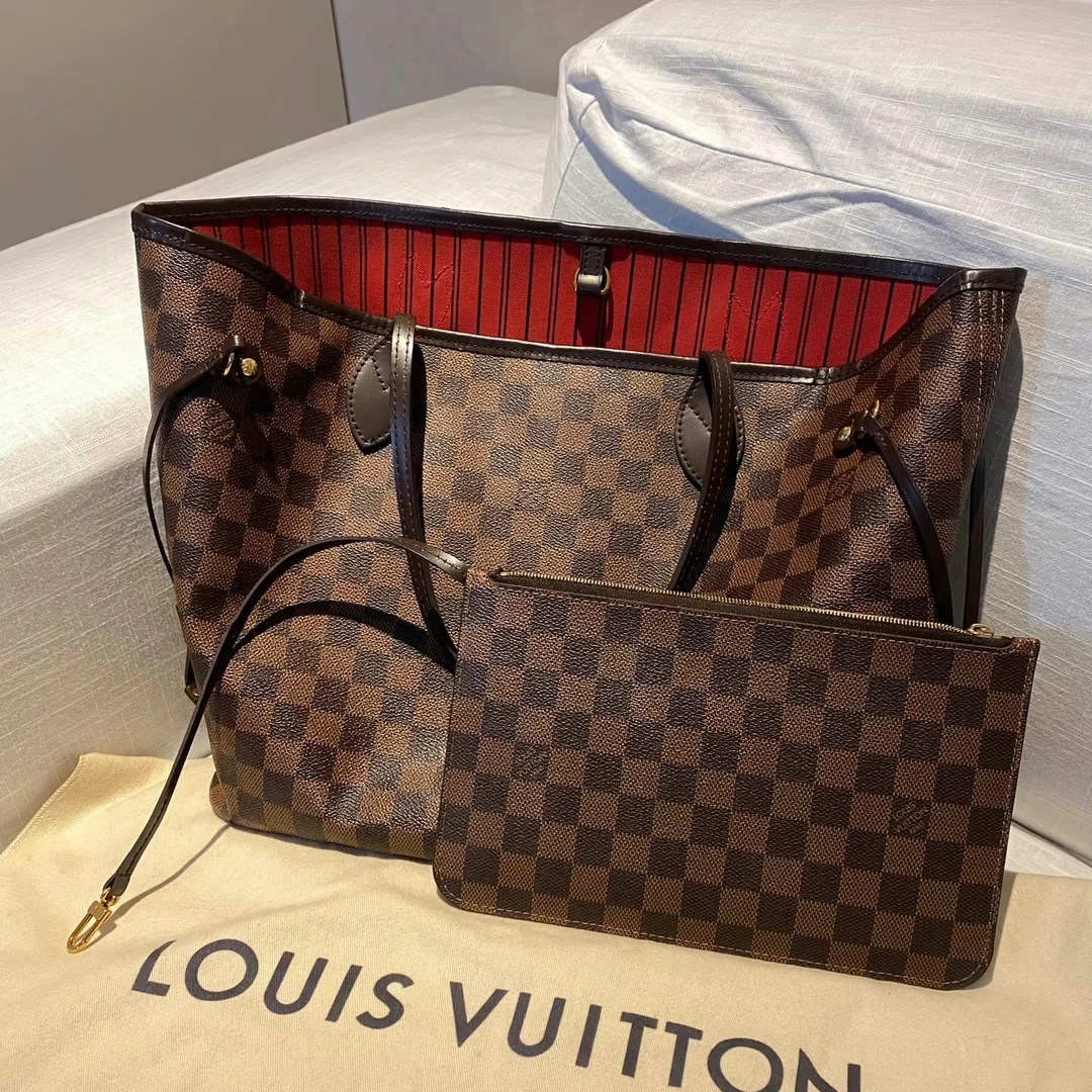 95新 LouisVuitton/路易威登 全原Neverfull棋盘格中号全套红内