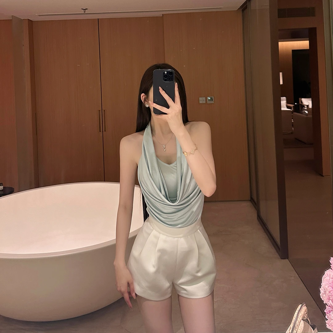 SX善喜高腰A字缎面花苞短裤女外穿阔腿宽松休闲裤显瘦显腿长裤子