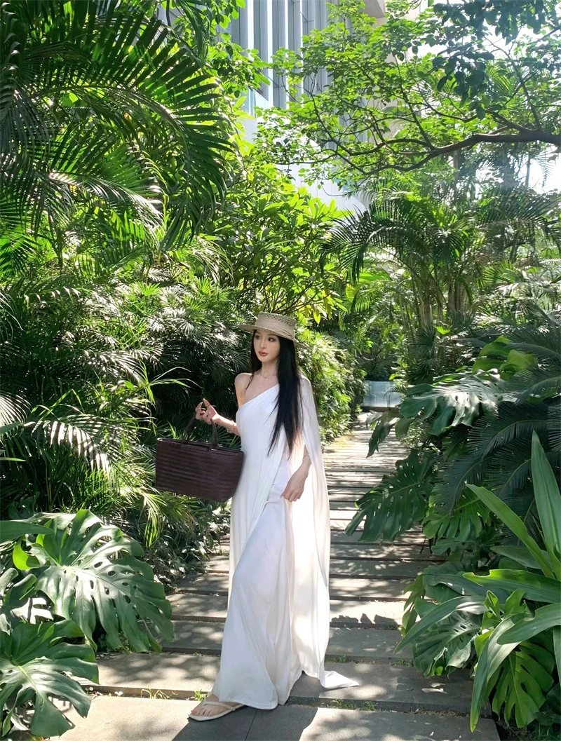 无袖斜肩双层连衣裙高级感复古气质长裙#22722