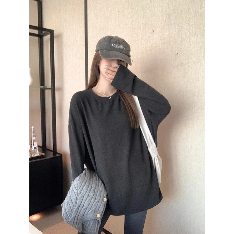 港味复古慵懒松弛感燕麦色绒绒感亲肤舒适T恤女春秋季宽松上衣ins