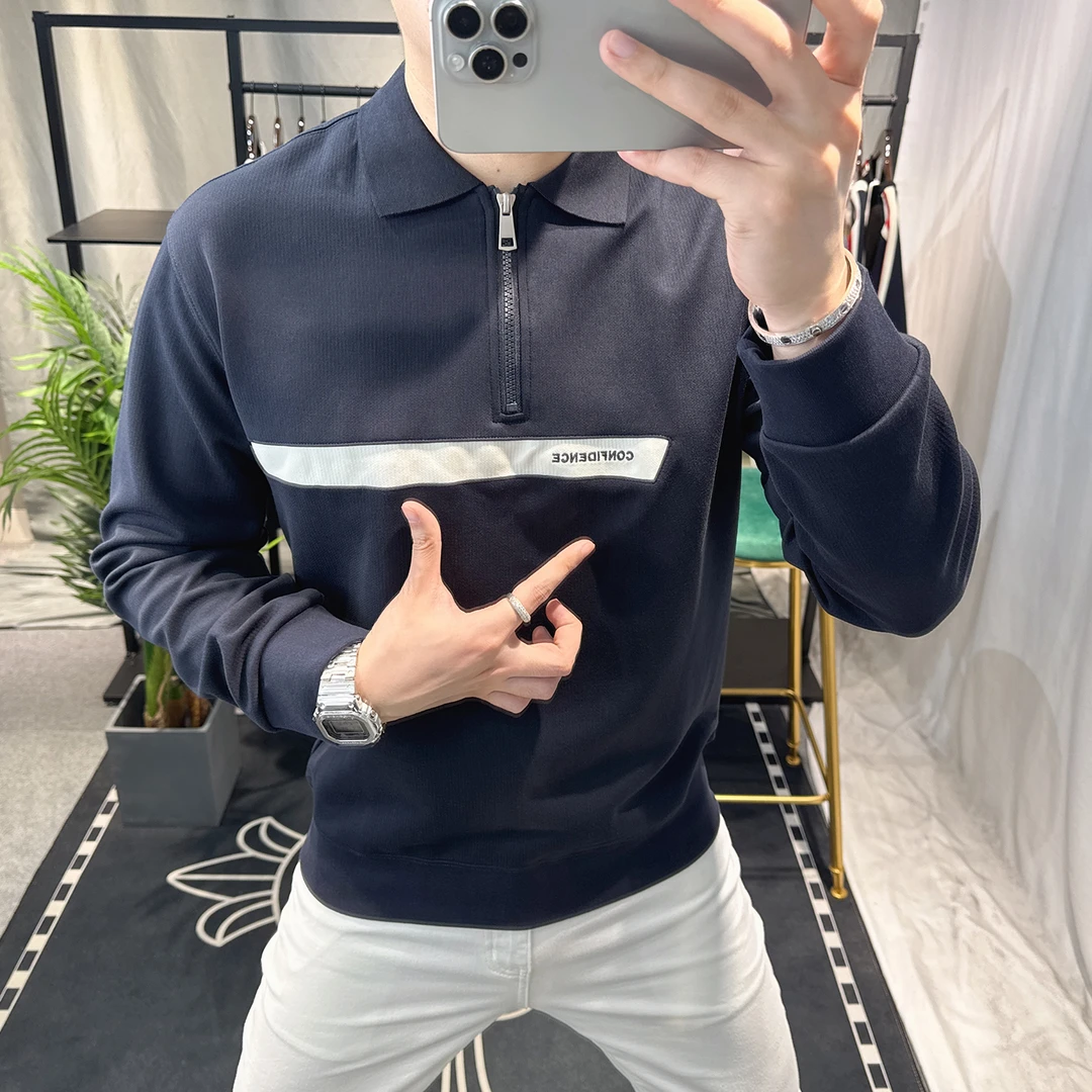 欧洲站秋季2025新款polo衫卫衣男士拼接高级感半拉链上衣男款翻领