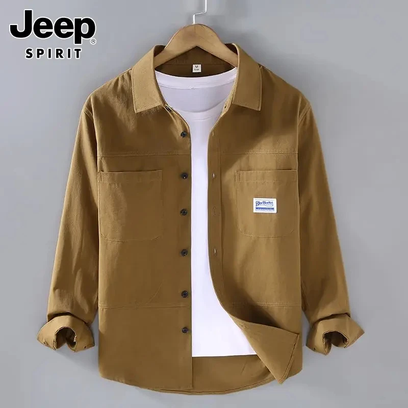 JEEPSPIRIT美式纯棉卡其长袖衬衫春秋季宽松男士翻领工装休闲衬衣