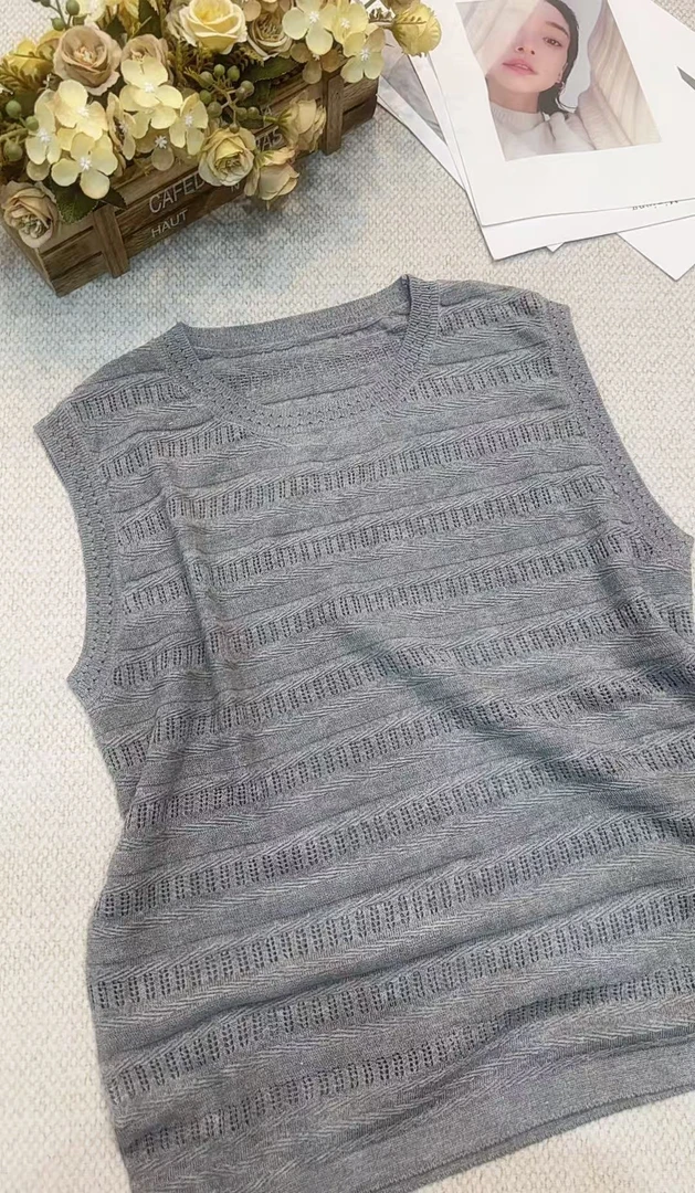 丽丽家~无袖背心灰时尚休闲百搭女士镂空灰色上衣289