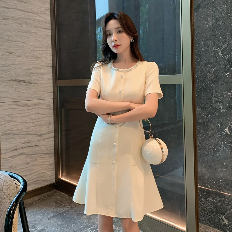 奢姿【钻链凝奢】大码女装夏季新款显瘦时尚小香风荷叶摆钻饰连衣裙