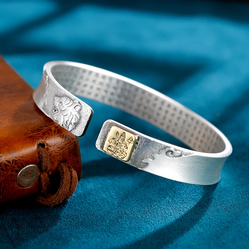 九乐 足银手镯 999祥云心经银镯子十二生肖手镯复古开口镯子约35g