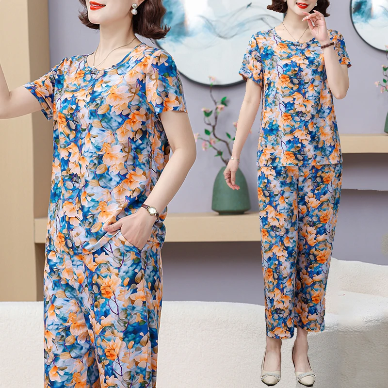 夏季妈妈装棉绸套装宽松薄款夏装中老年女装绵绸可外出棉绸套装女