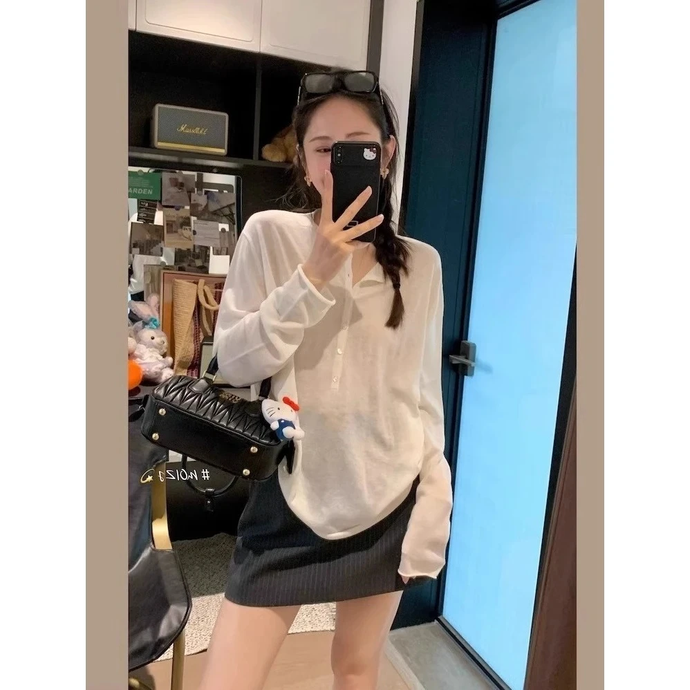 韩版纯色款防晒罩衫拼接长袖T恤女休闲设计感减显瘦钮扣开领上衣