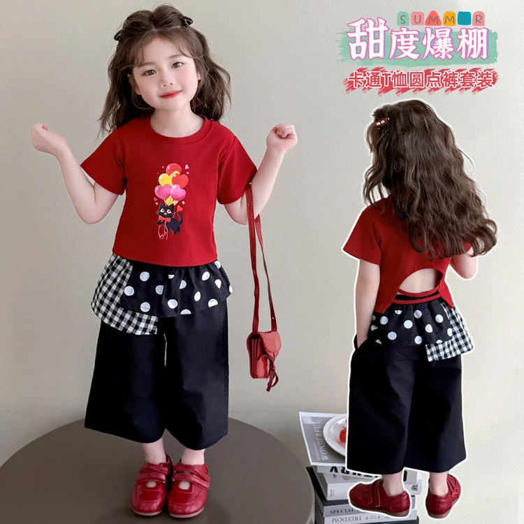 女童夏装套装2025新款儿童洋气时髦短袖T恤格子裤两件套宝宝衣服