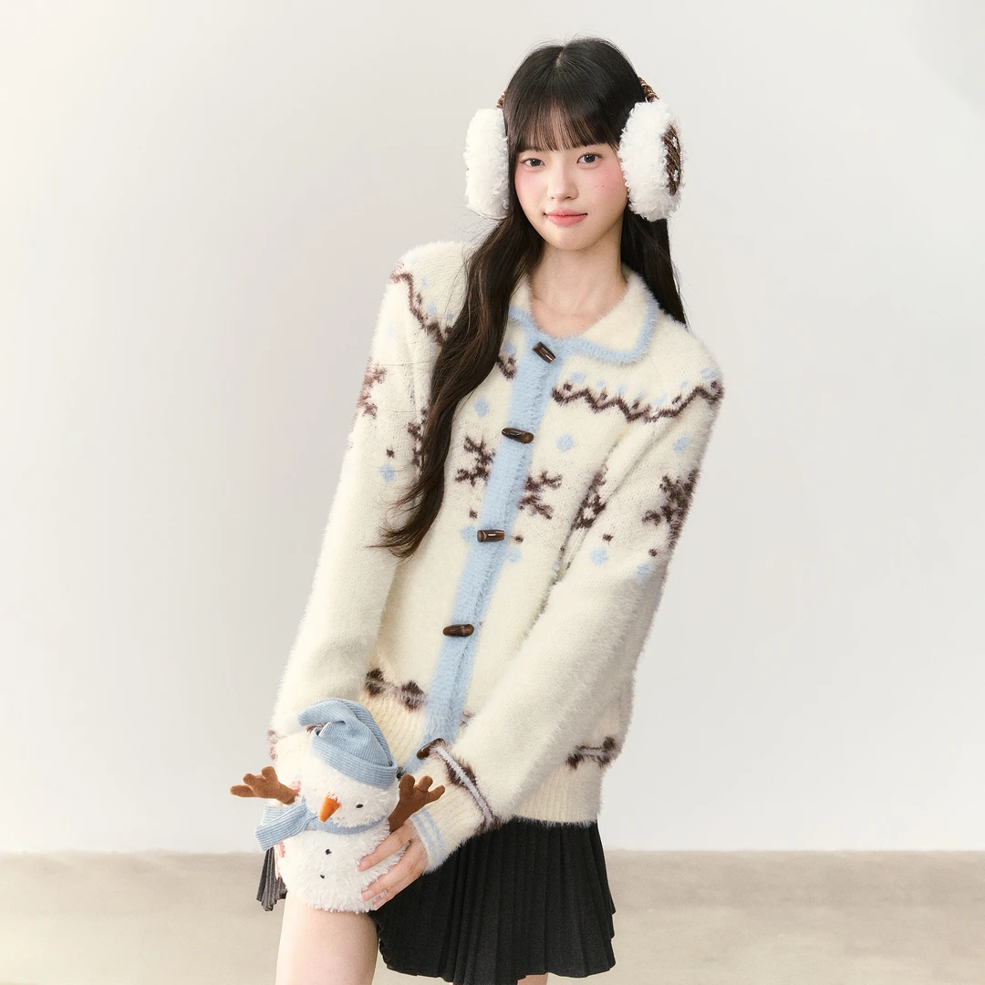 umoumo乌蘑休闲慵懒软糯仿貂毛费尔岛雪花图案开衫毛衣UMOMY13687