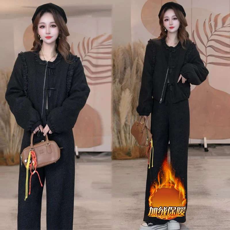 官图加绒上衣裤子冬季新款慵懒风通勤风气质韩版长款时尚套装