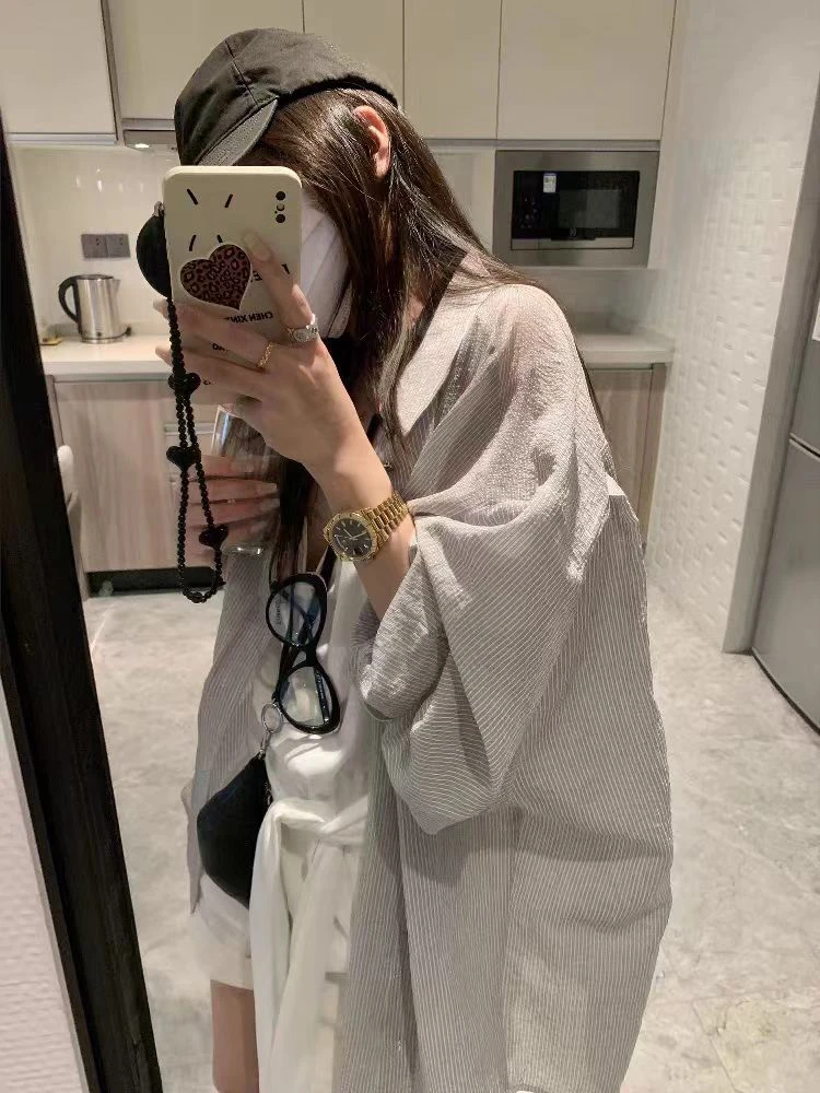 2025夏季慵懒风休闲暗条纹防晒衬衫女中长款外套夏宽松长袖空调衫