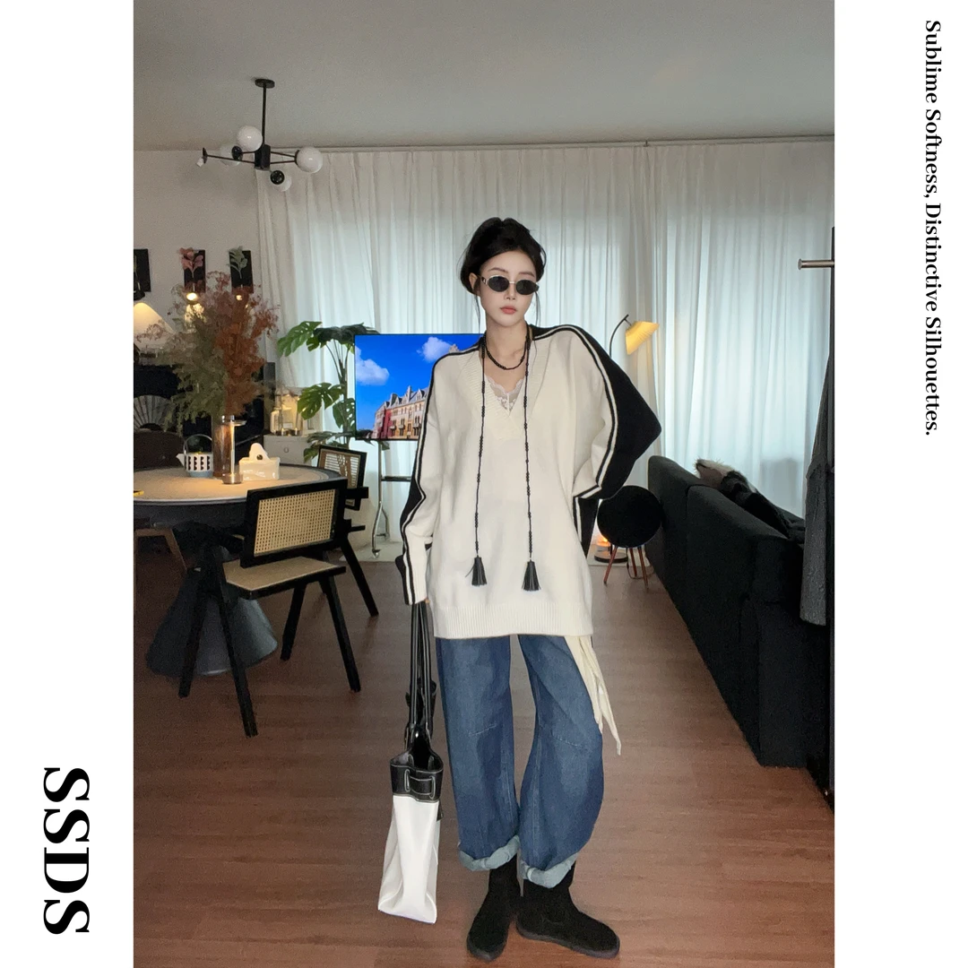 SSDS撞色百搭设计师V领重磅针织衫拼接慵懒松弛感休闲上衣廓形感