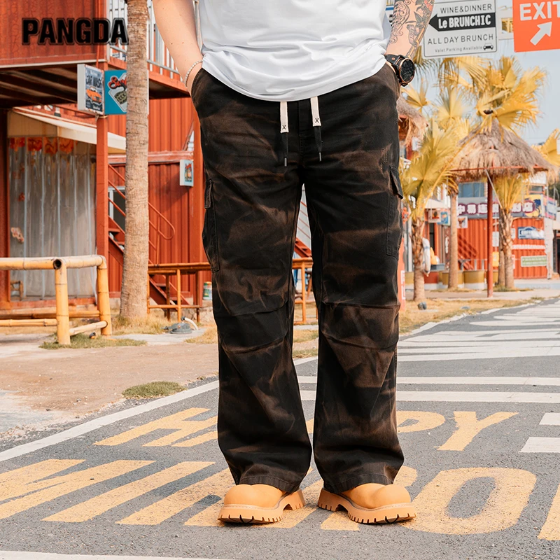 【扎染弯刀工装裤】PANGDA男装纯棉春夏加大胖子宽松潮流洗水长裤