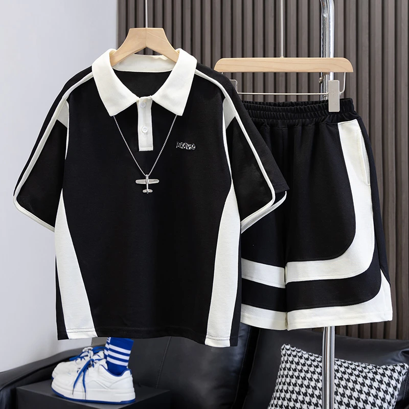 男童夏季痞帅拼色POLO衫套装2025新款潮中大童夏装短袖短裤两件套