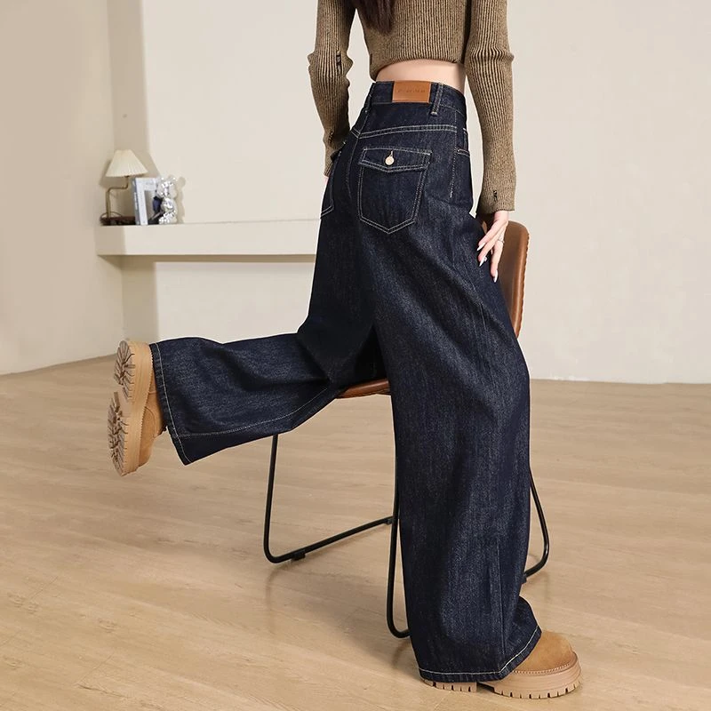 丹宁蓝翻盖阔腿牛仔裤女2025新款高腰宽松垂感显瘦百搭直筒拖地裤
