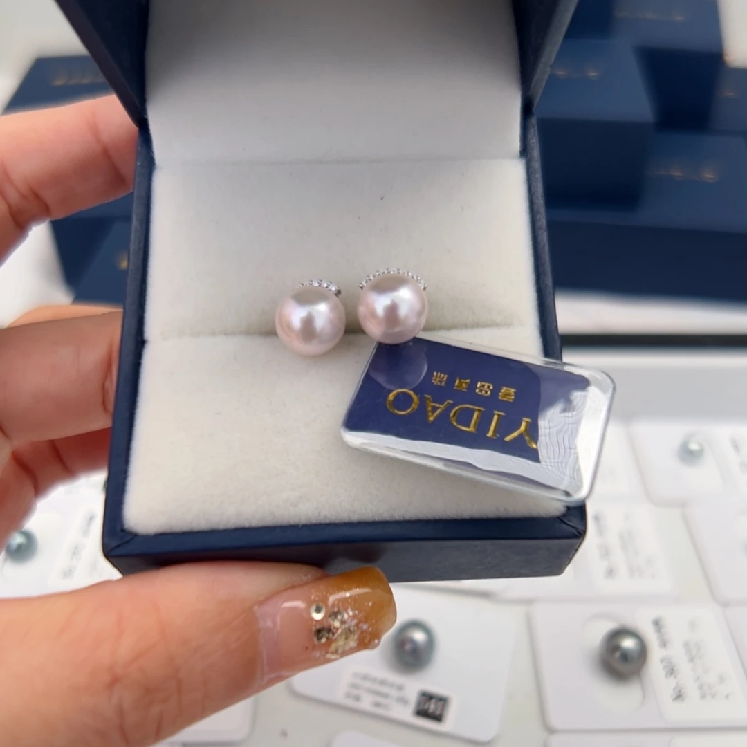 银S925镶嵌耳饰海水珍珠Akoya耳钉8-9mm可定制爱