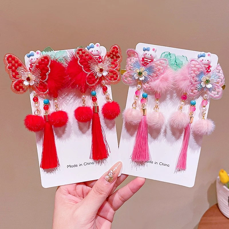 2025年新款中国风儿童新年发夹女宝宝流苏发卡汉服女童红色头饰