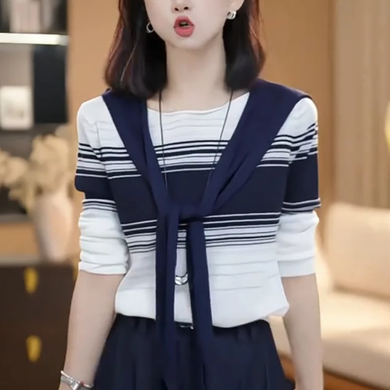 2025秋季新款女条纹针织衫慵懒高级感修身显瘦洋气内搭打底衫上衣