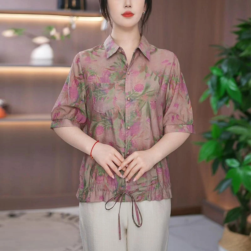 【千姿定制】洋气中年妈妈衬衫女2025年夏装复古薄款印花小衫上衣
