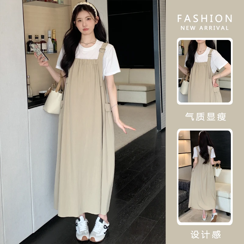 孕妇装背带裙套装夏季时尚孕期法式穿搭上衣T恤吊带连衣裙两件套