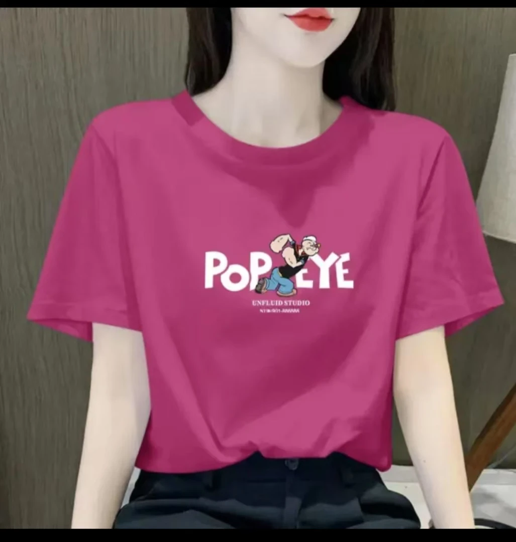 圆领爆款烫印字母米奇高档大力水手玫红色ins纯棉T恤洋气显瘦显白