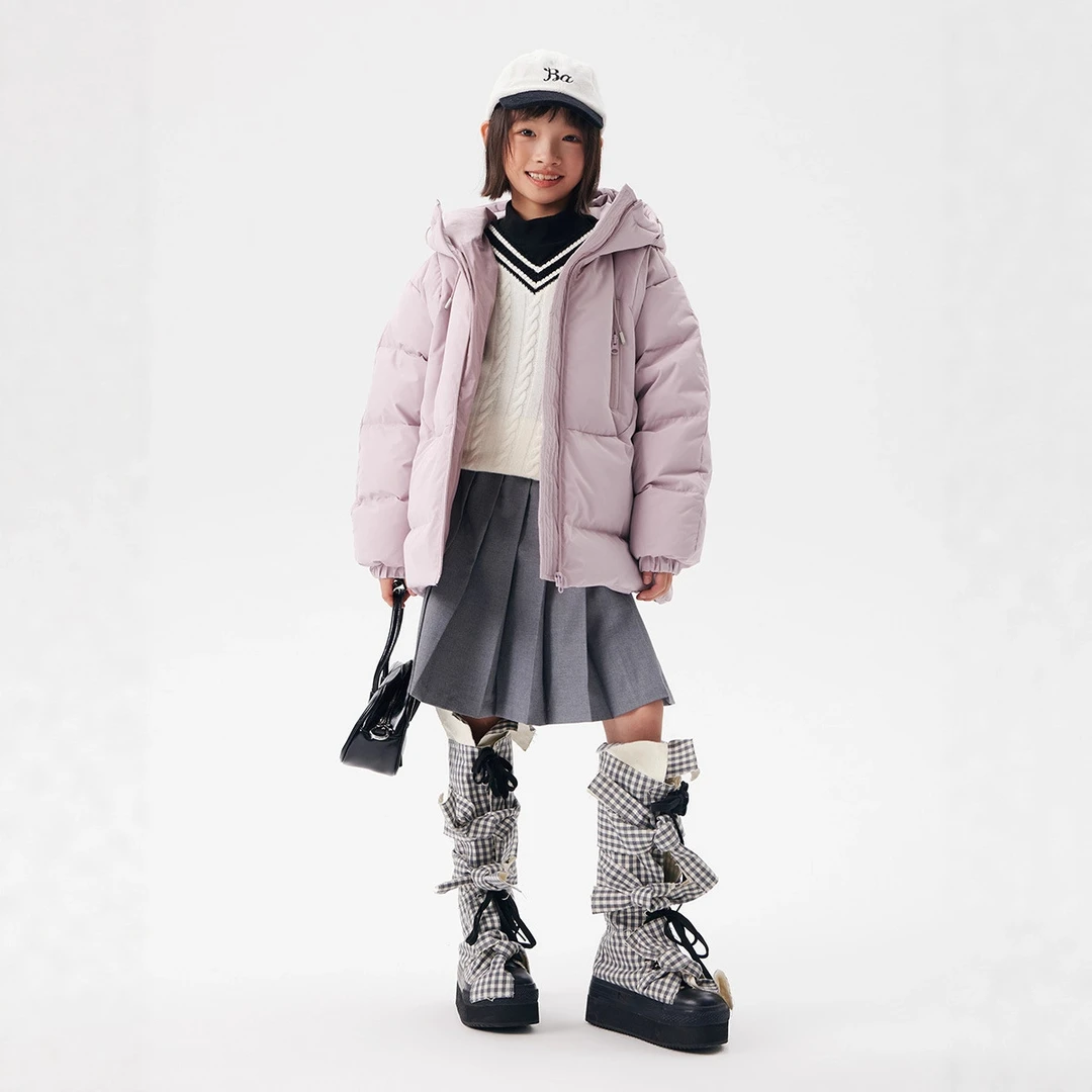 休闲甜美拉链连帽短款宽松加厚保暖女大童90绒羽绒服2025秋冬新款