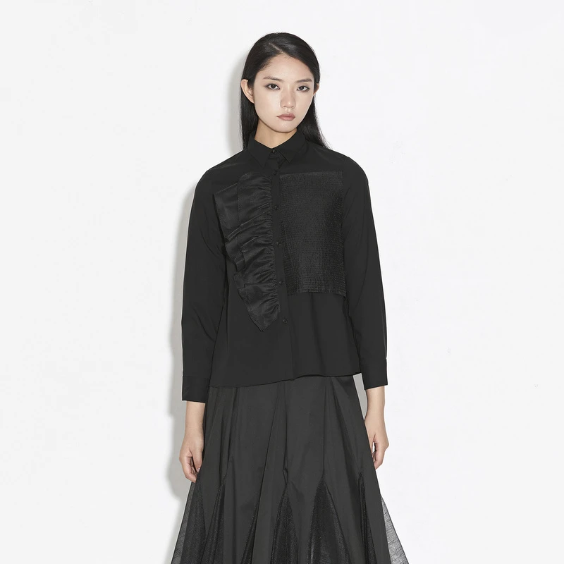 圣迪奥女装时尚气质优雅拼接正品黑色长袖衬衫S21380505