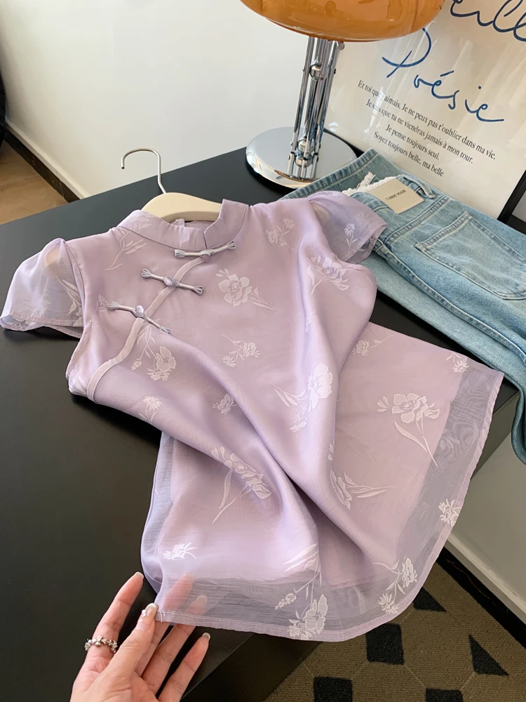 新中式国风盘扣紫色印花设计感短袖衬衫气质女士上衣2025新款夏季