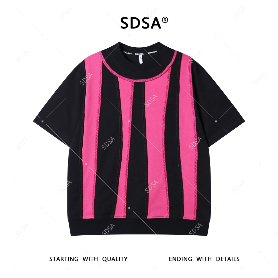 夏季高级感新款男士简约休闲撞色条纹设计短袖T恤时尚圆领上衣潮