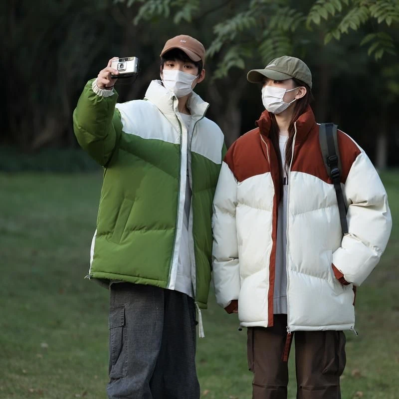 直下摆立领棉服棉衣撞色运动休闲面包服秋冬冬季拼色工装日系