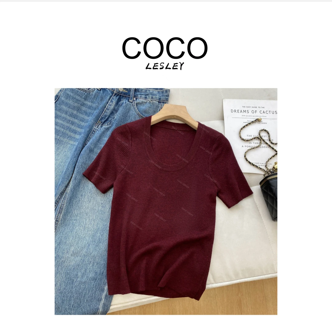 5105细羊毛气质显白方领短袖夏季新款通勤休闲T恤上衣女