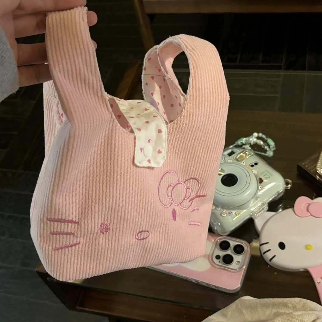 ZY秋冬新款可爱粉色灯芯绒kitty手挽包高颜值便携手提包通勤小包