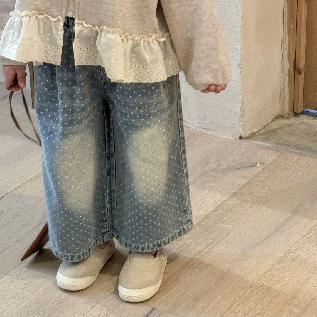 2025春季新品韩国韩版可爱波点浅蓝直筒女童儿童牛仔裤