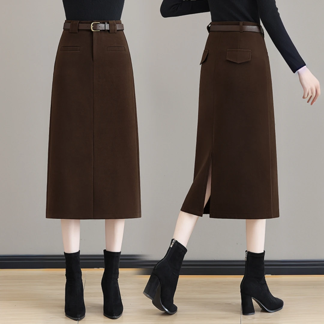 毛呢半身裙女2025秋冬新款高腰开叉中长款包臀裙时尚气质一步裙子