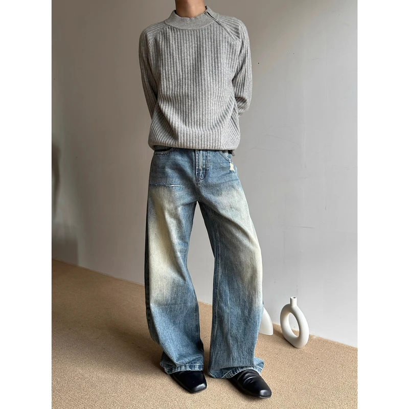 美式高街爆裂纹水洗弯刀牛仔裤男女设计感宽松阔腿直筒休闲长裤子