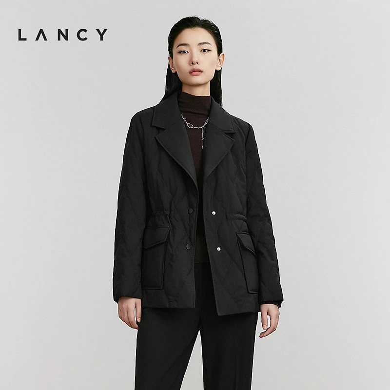 【霍尔多巴吉白鹅绒】LANCY/朗姿24冬新款翻领收腰西装鹅羽绒服女