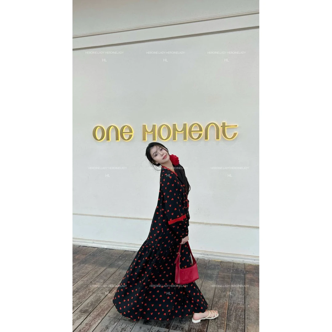 【桃之夭夭】HL棉绸夏季圆领长袖蕾丝镂空长款甜美显瘦碎花连衣裙