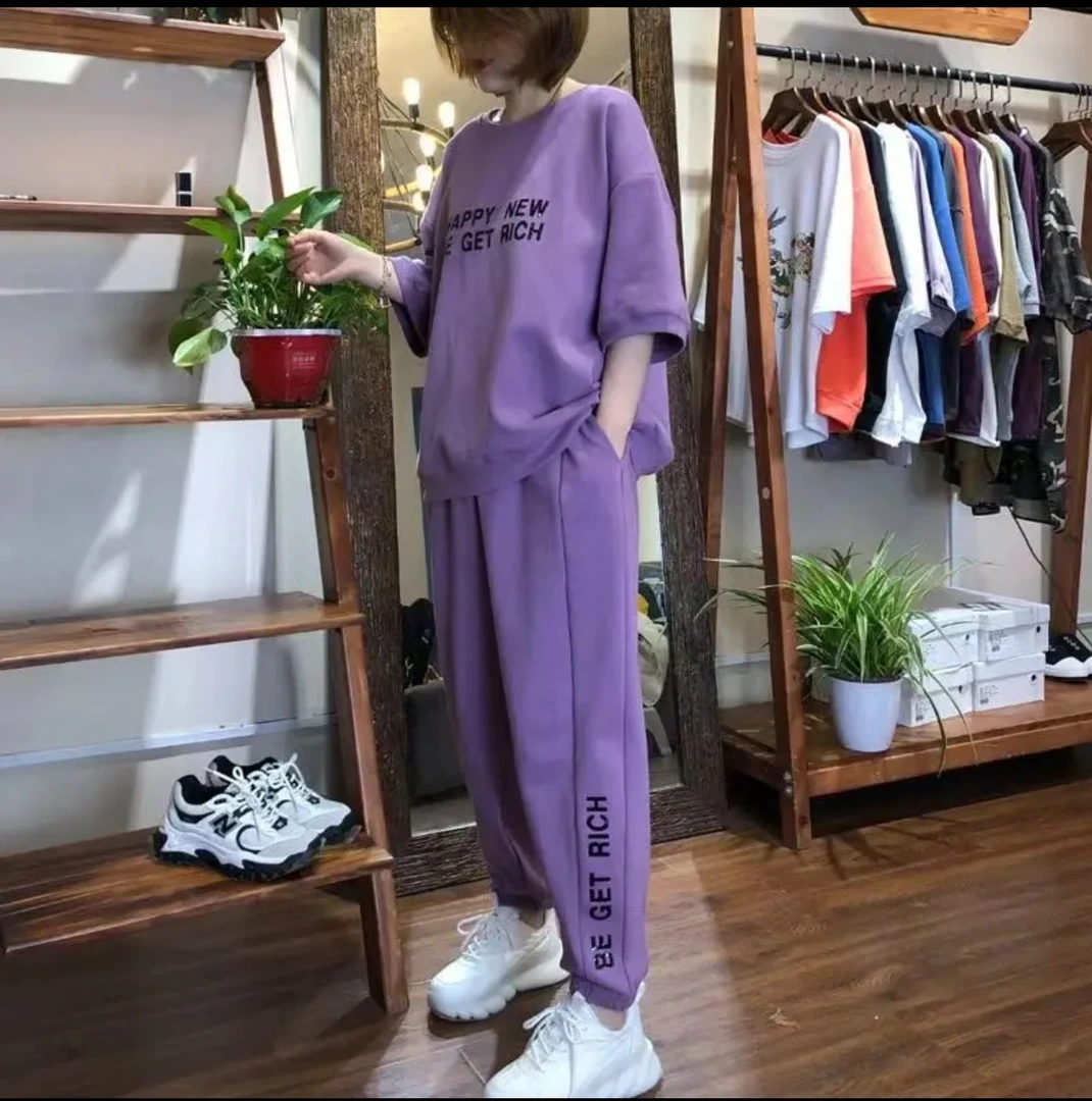 休闲运动服套装女2025早秋新款宽松大码小个子洋气短袖两件套965