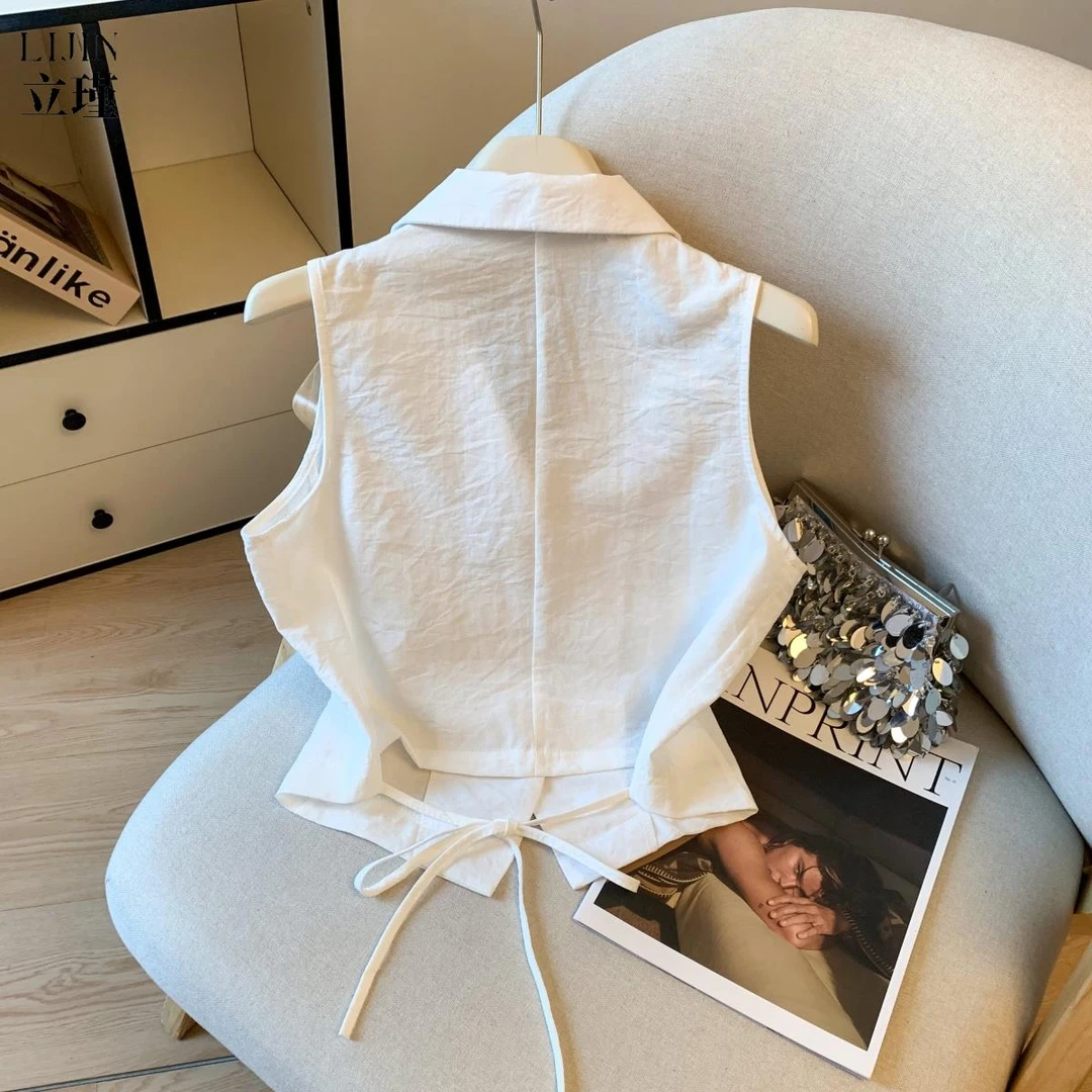 老钱风单排扣翻领无袖衬衫女夏季2025新款显瘦亚麻马甲短款小上衣