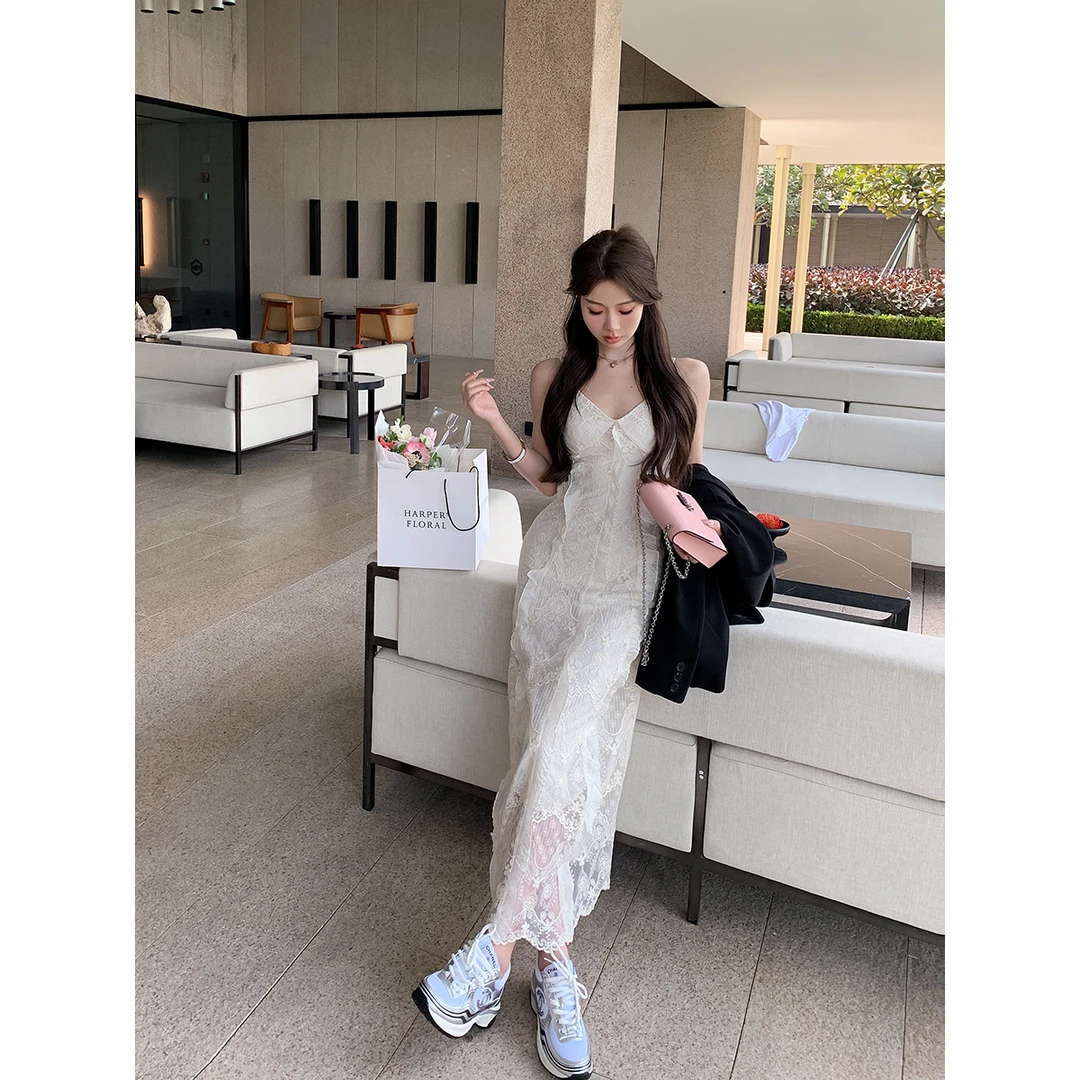 SOLO爆爆白茶立体提花蕾丝刺绣白色连衣裙女夏季韩版吊带仙女裙子