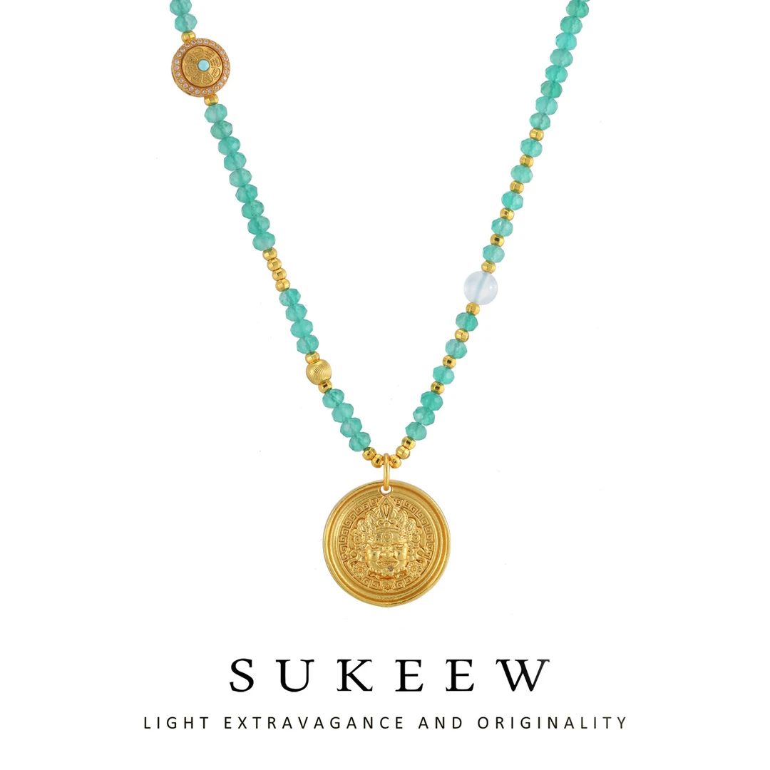SUKEEW/酥可  新中式优雅绿珠财神牌时尚项链217012