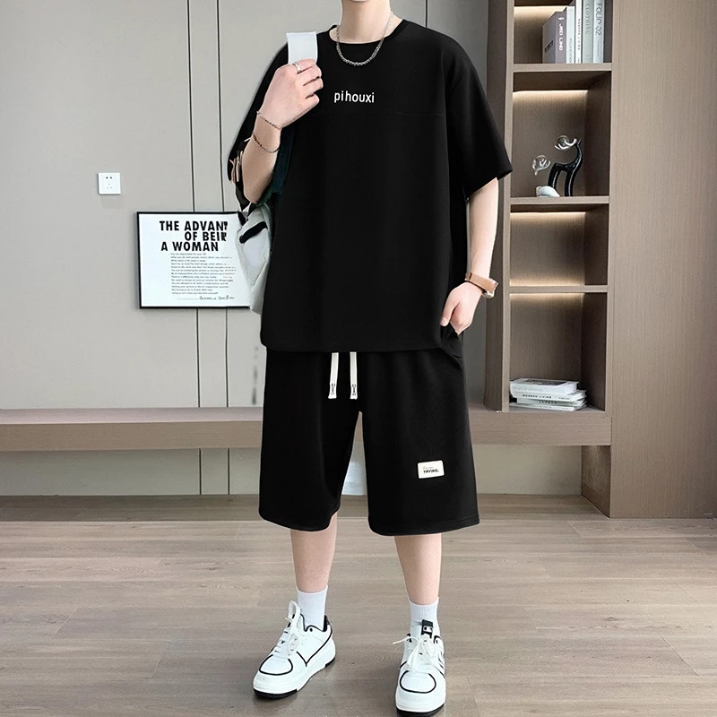 简约休闲套装男夏季潮流宽松运动衣服薄款短袖T恤搭配短裤两件套