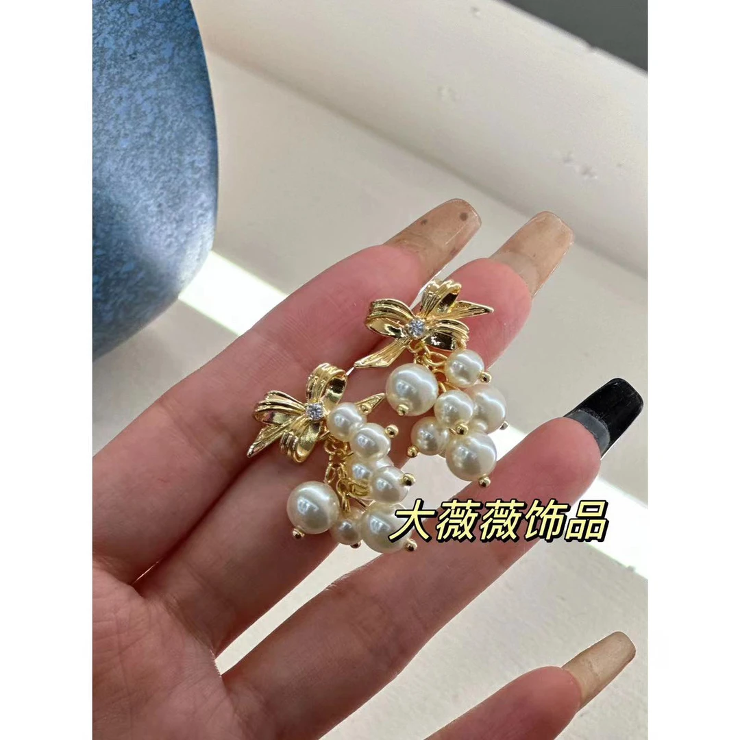 铜合金耳饰 气质蝴蝶结串珠耳饰-4718