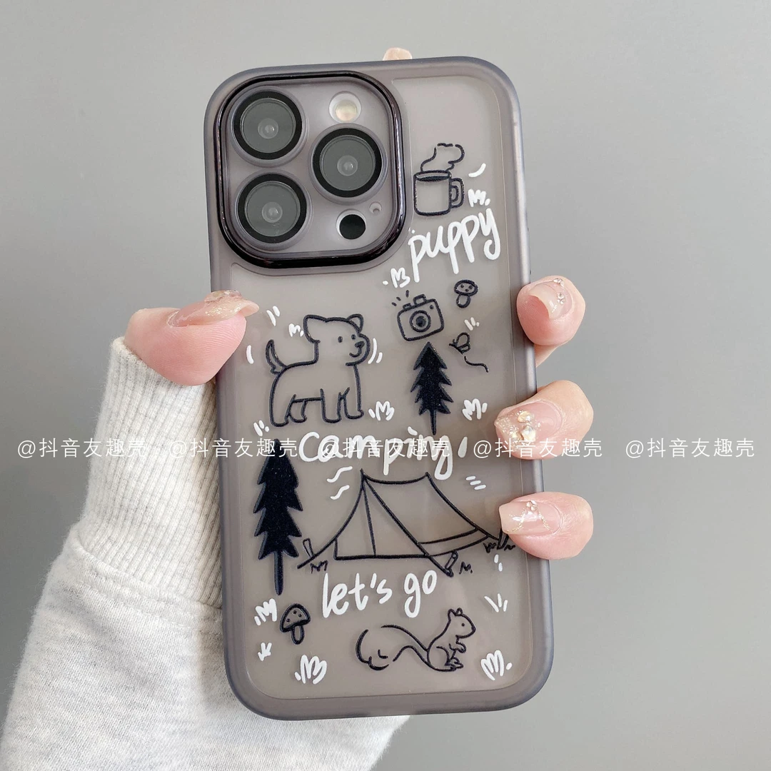 适用于苹果16新款/华为/小米/金属镜框手机壳卡通ins简约露营小狗