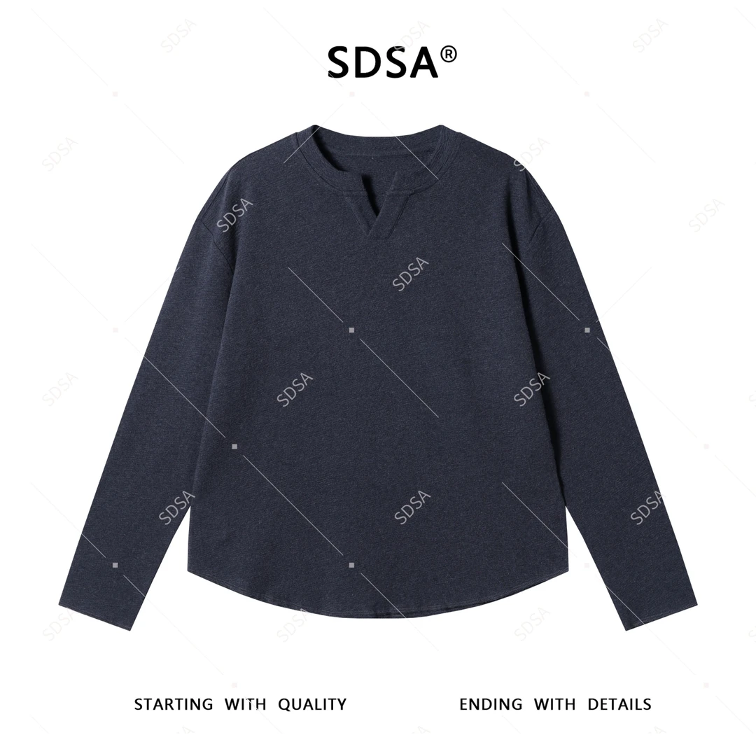 SDSA男士长袖t恤2025新款轻奢痞帅男装下摆不规则小V领设计上衣