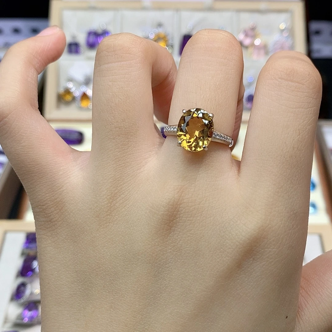 黄晶珠宝半成品银S925镶嵌纯天然黄水晶戒指x